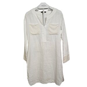 Tommy Bahama Linen Silk Tunic Top Women's White Split Neck Pocket Blouse Small